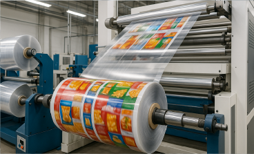A large industrial machine processing a continuous roll of clear plastic film printed with colorful orange and blue snack packaging designs